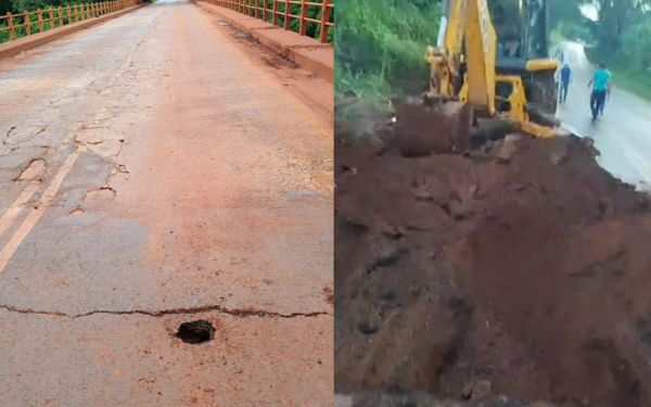 A imagem é dividida em duas partes. À esquerda, aparece uma ponte de pista simples com rachaduras e um buraco no asfalto. À direita, uma retroescavadeira realiza escavações em um trecho de estrada de terra, enquanto algumas pessoas observam ao fundo