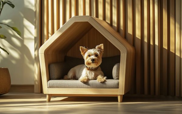A imagem mostra um cachorro Yorkshire na casinha