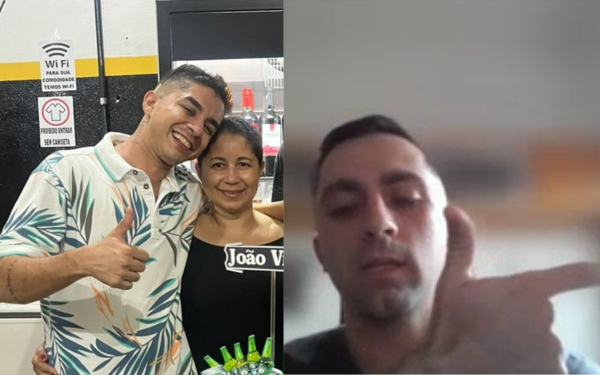 João Victor Moura ao lado da mãe, Lucilene Moura, em momento de comemoração (à esquerda). À direita, o cabo Artur Filgueiras Cintra durante audiência por videoconferência, em que apresentou sua versão para o disparo que matou o comerciante