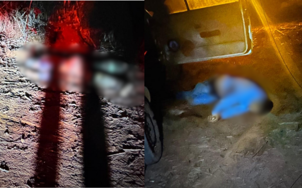 Imagem noturna, dividida em duas partes. À esquerda, dois corpos estão caídos no chão de terra, com iluminação vermelha ao fundo, provavelmente de viatura. À direita, outro corpo está ao lado de um veículo, iluminado por uma luz amarelada. As imagens sugerem local de crime em área rural e foram desfocadas para preservar a identidade das vítimas