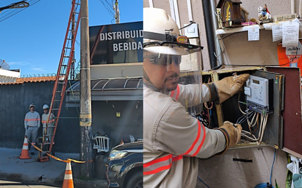 Montagem com duas imagens. À esquerda, dois funcionários com uniformes de segurança estão em frente a uma distribuidora de bebidas; há um cone e uma escada encostada em um poste de energia elétrica. À direita, um técnico de capacete e visor de proteção manuseia a fiação de um medidor de energia instalado em uma parede, evidenciando inspeção ou manutenção.