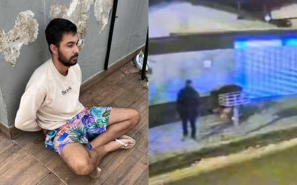 Imagem dividida em duas partes. À esquerda, um jovem de pele clara e barba curta está sentado no chão com as mãos para trás, como se estivesse algemado. Ele veste camiseta bege com a palavra "BOSS", bermuda colorida com estampa tropical e chinelos brancos. A parede atrás dele está desgastada e com partes descascadas. À direita, uma imagem de câmera de segurança mostra duas pessoas em uma calçada à noite. Uma delas está em pé, enquanto a outra parece estar caída no chão próximo a um portão iluminado com luz azul.