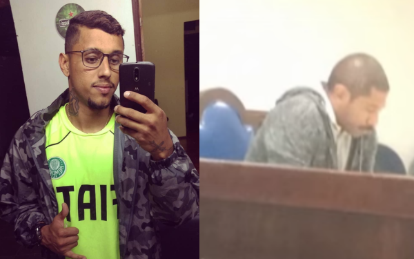 Montagem com duas imagens lado a lado. À esquerda, um homem jovem com óculos, barba rala e cabelo curto faz uma selfie em frente ao espelho. Ele veste uma jaqueta camuflada e uma camisa verde do Palmeiras. Está sorrindo e fazendo sinal de positivo com a mão esquerda. À direita, o mesmo homem aparece com visual diferente, mais magro, com cabelo raspado e sem óculos, sentado em uma cadeira azul dentro de uma sala de audiência. Ele está cabisbaixo, com expressão séria, usando uma blusa cinza com capuz.