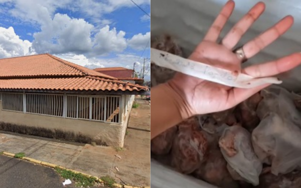 Montagem com duas imagens. À esquerda, fachada de um imóvel com muro baixo, janelas com grades e telhado de cerâmica, sob um céu parcialmente nublado — trata-se da entidade de acolhimento para idosos em Itirapuã. À direita, uma mão segura uma etiqueta indicando a validade de um alimento, diante de vários pedaços de carne congelada; a data do rótulo mostra que o produto está vencido.