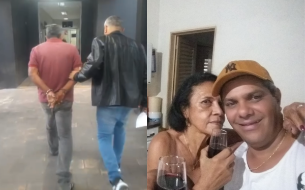 Montagem com duas imagens. À esquerda, um homem de camisa vermelha e calça jeans aparece de costas, algemado, sendo escoltado por um policial com jaqueta preta e calça jeans, enquanto caminham por um corredor. À direita, uma foto antiga mostra uma mulher e um homem sorrindo e brindando com taças de vinho tinto; eles estão abraçados em um ambiente doméstico.