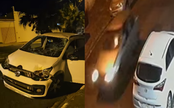Imagem dividida em duas partes. À esquerda, aparece um carro modelo Volkswagen UP branco bastante danificado após um acidente: o para-brisa está estilhaçado, a parte frontal destruída e o veículo está sobre a calçada, sob a luz da rua. Ao fundo, há árvores e muros residenciais. À direita, uma captura de câmera de segurança mostra o possível carro causador do acidente — um veículo escuro em movimento, com os faróis acesos, passando por uma rua durante a noite, próximo a um carro branco estacionado