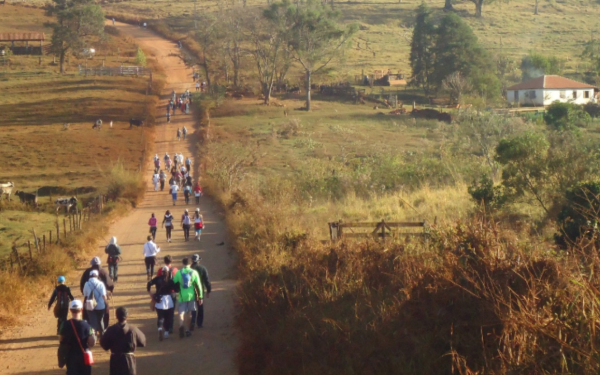 A imagem mostra um grupo de peregrinos caminhando por uma estrada de terra cercada por pastos e árvores em um cenário rural. Ao fundo, há uma paisagem de campo com colinas suaves, algumas casas e bois pastando. As pessoas seguem em direção ao horizonte, algumas em silêncio, outras conversando, todas imersas no ambiente tranquilo e natural.