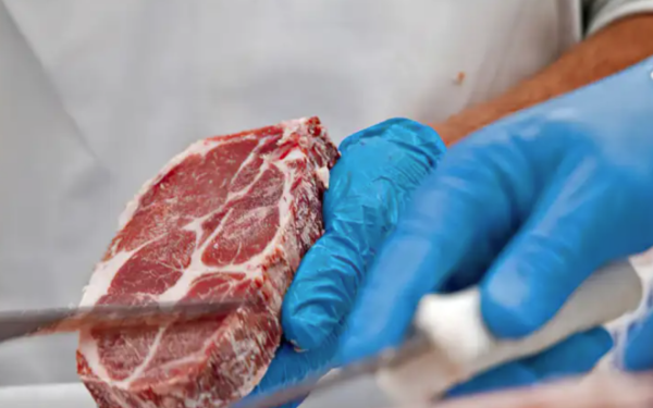 Um açougueiro, usando luvas azuis, segura um pedaço de carne vermelha enquanto corta com uma faca afiada.