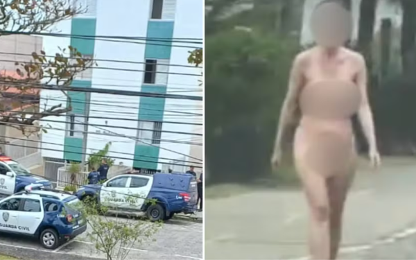 A imagem está dividida em duas partes. À esquerda, aparecem pelo menos quatro viaturas da Guarda Civil estacionadas em frente a um prédio residencial de vários andares, com alguns agentes uniformizados no local. Já à direita, há a foto de uma mulher andando completamente nua por uma rua arborizada; seu rosto e corpo estão desfocados para preservar a identidade.