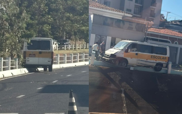 Montagem com duas fotos mostrando uma van escolar após acidente em Franca. À esquerda, o veículo aparece sobre a mureta de proteção da Avenida Antônio Barbosa Filho, bem próximo ao Córrego dos Bagres. À direita, a van está encostada na defensa metálica, com a frente danificada, enquanto homens observam e avaliam a situação.