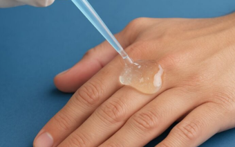 A imagem mostra uma mão apoiada sobre uma superfície azul. Sobre o dorso da mão, está sendo aplicado um gel transparente usando um conta-gotas. A substância escorre suavemente, formando uma camada espessa na pele.